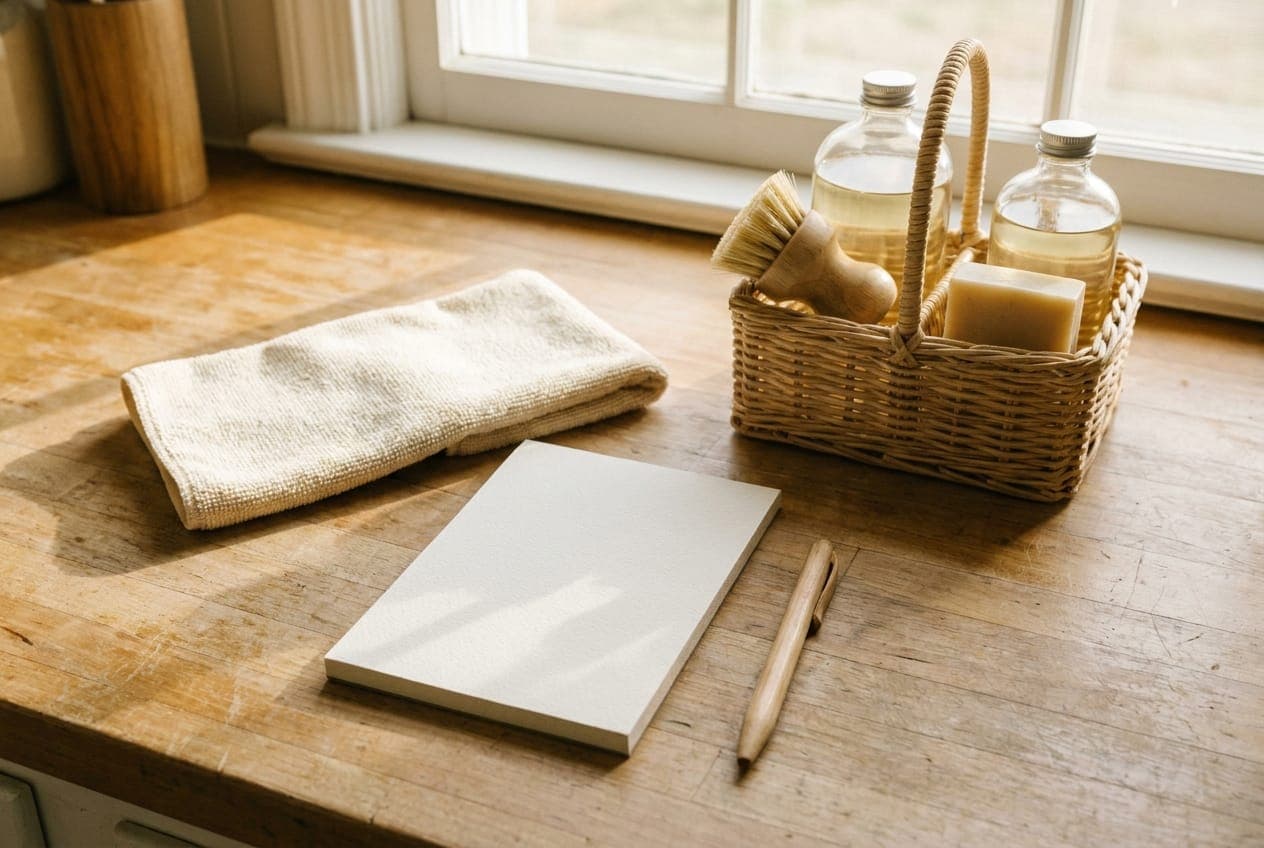 Cleaning supplies set out on a sunny kitchen counter